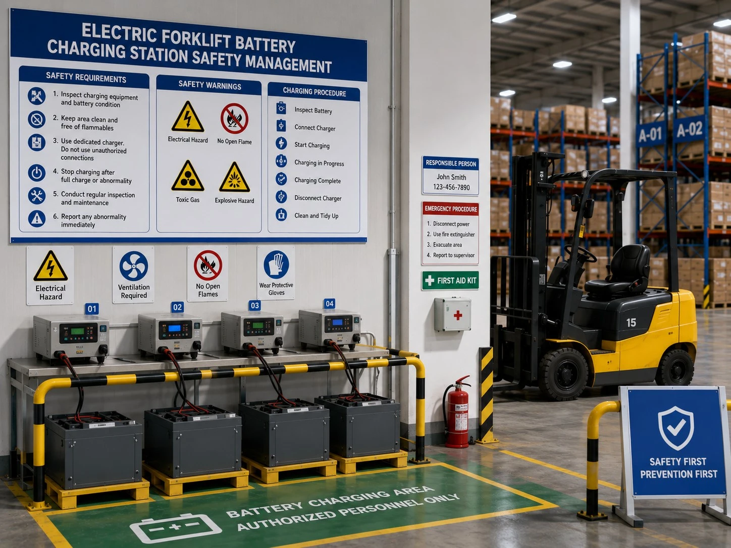 Electric forklift battery charging station safety management in a modern logistics warehouse Electric forklift battery charging station safety management in a modern logistics warehouse